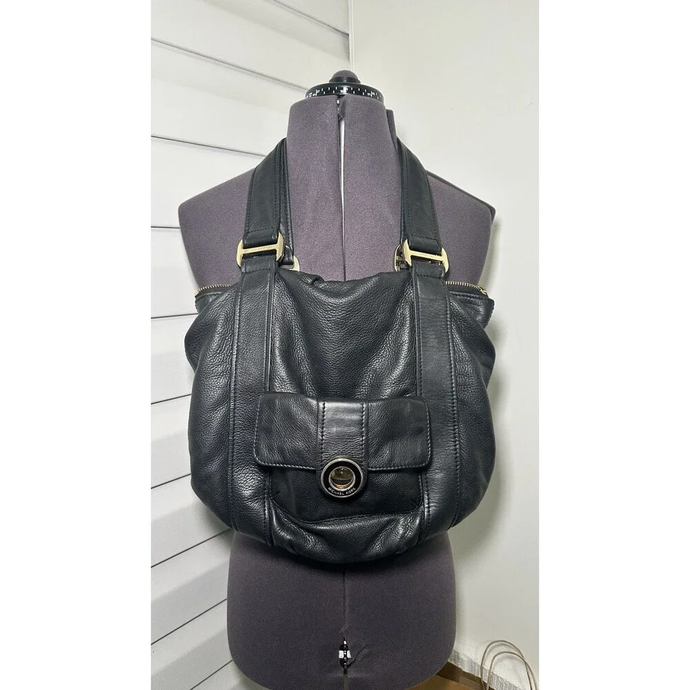 Michael Kors Black Pebbled Leather Shoulder Bag Gold Hardware Zip Inner Pockets